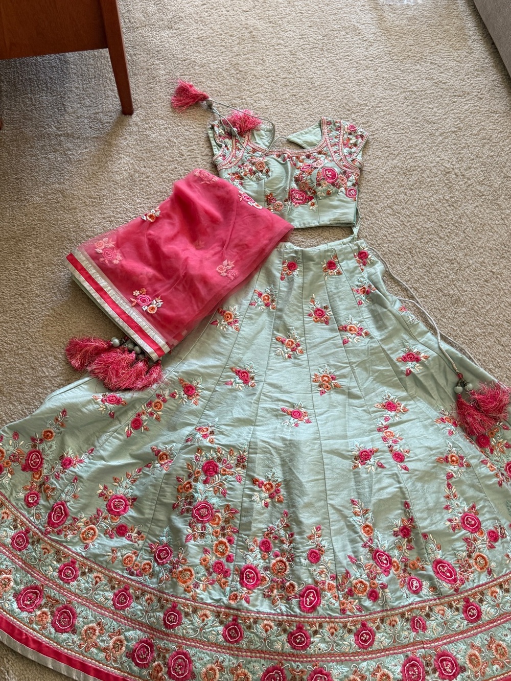 Kids Floral Lehenga Choli Set - Mint and Pink